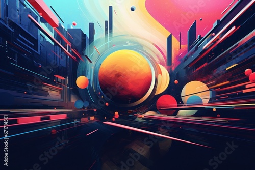 Surreal digital artwork with abstract geometric shapes and vibrant colors. Abstract composition, digital creativity, vibrant design, visual innovation