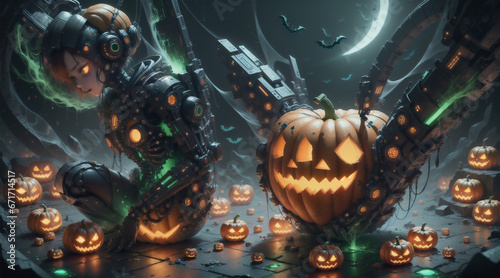 A terrifying Halloween night with jack-o'-lanterns and vampire bats
