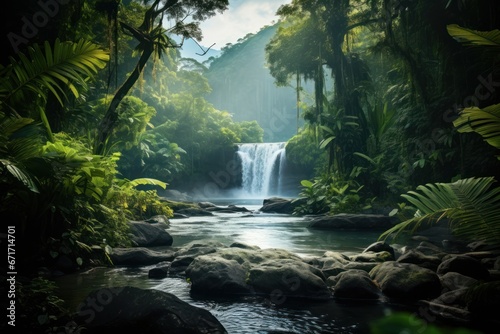 Lush tropical jungle with waterfalls and exotic wildlife. Rainforest adventure, tropical paradise, lush greenery.