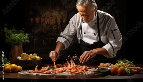 Chef preparing delicious seasoned shrimp, shrimp fried with splashes in freezing motion on dark background. Seafood appetizer.