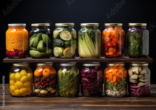 Row of glass tin jars with canned vegetables, food, vegetables
