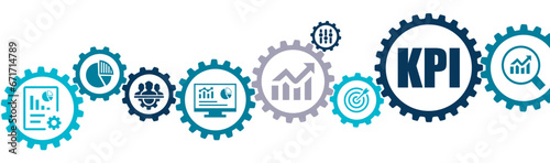 Key performance indicator (KPI) banner vector illustration with the icons of business development, presentation, strategy, metrics, measuring production, sales, efficiency, target, achievements. photo
