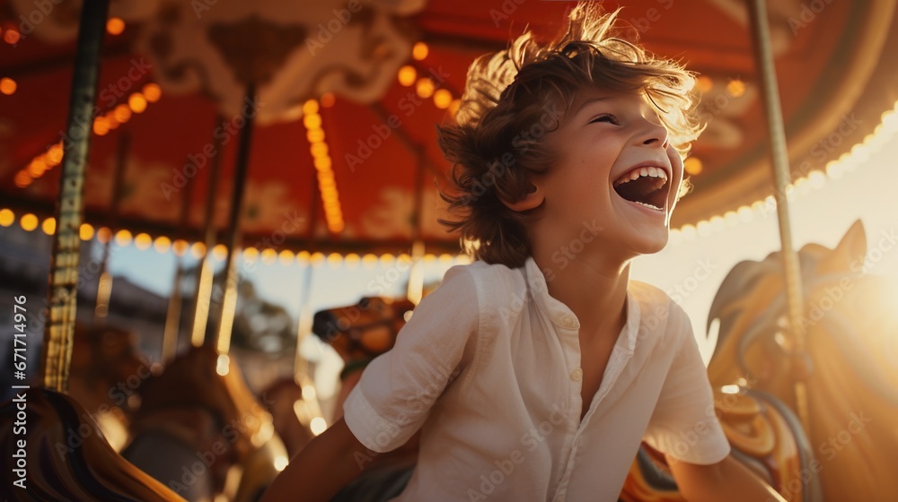 A happy young white boy expressing excitement while on a colorful carousel, merry-go-round, having fun at an amusement park A happy young white boy expressing excitement while on a colorful carousel, merry-go-round, having fun at an amusement park