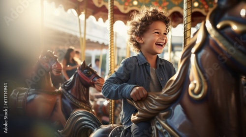 A happy young white boy expressing excitement while on a colorful carousel, merry-go-round, having fun at an amusement park