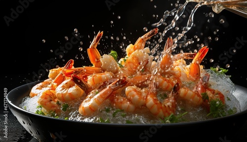Chef preparing delicious seasoned shrimp, shrimp fried with splashes in freezing motion on dark background. Seafood appetizer.