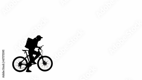 Portrait of female model. Black silhouette delivery girl with backpack gets on a bike. Isolated on white background with alpha channel.