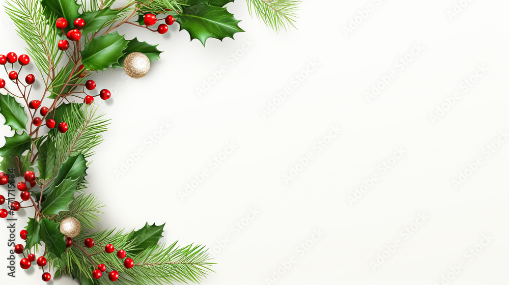 Fluffy branches of spruce and holly with red berries, laid out in frame white background, flyer for Christmas, New Year