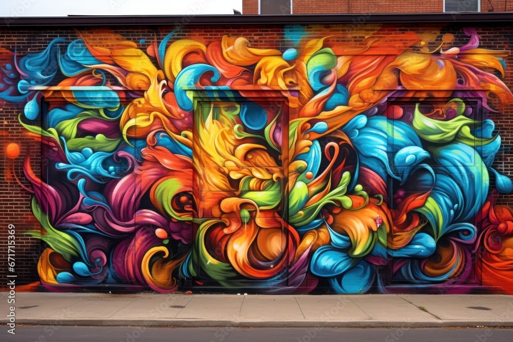 Artistic graffiti mural on an urban brick wall. Street art, vibrant graffiti, urban expression, wall masterpiece.
