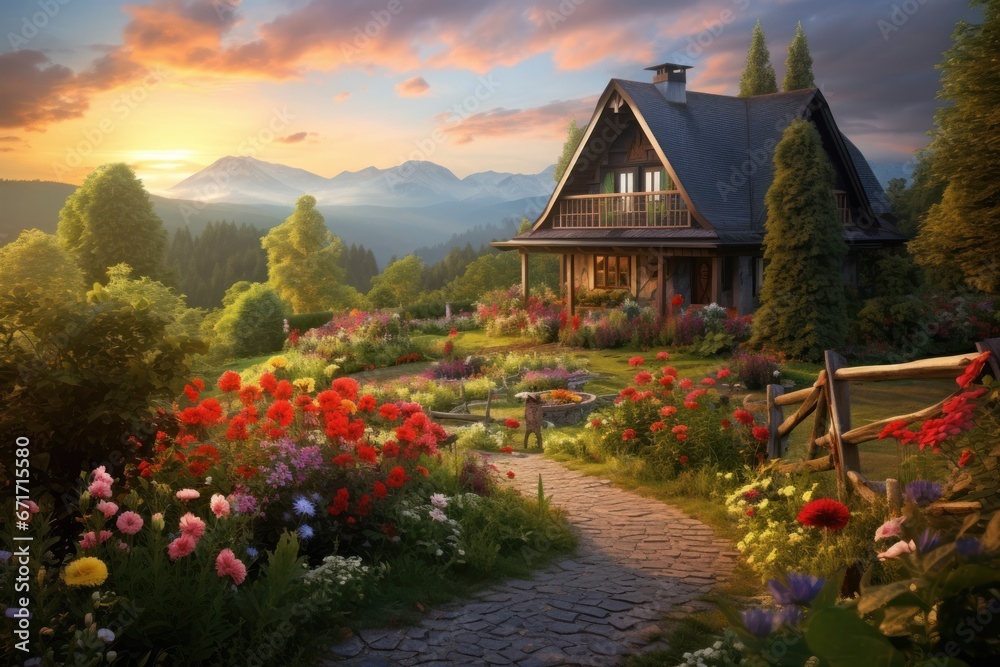 A rustic cottage in the tranquil countryside with a vibrant flower garden. Cottage life, rural serenity, blooming paradise, countryside escape.