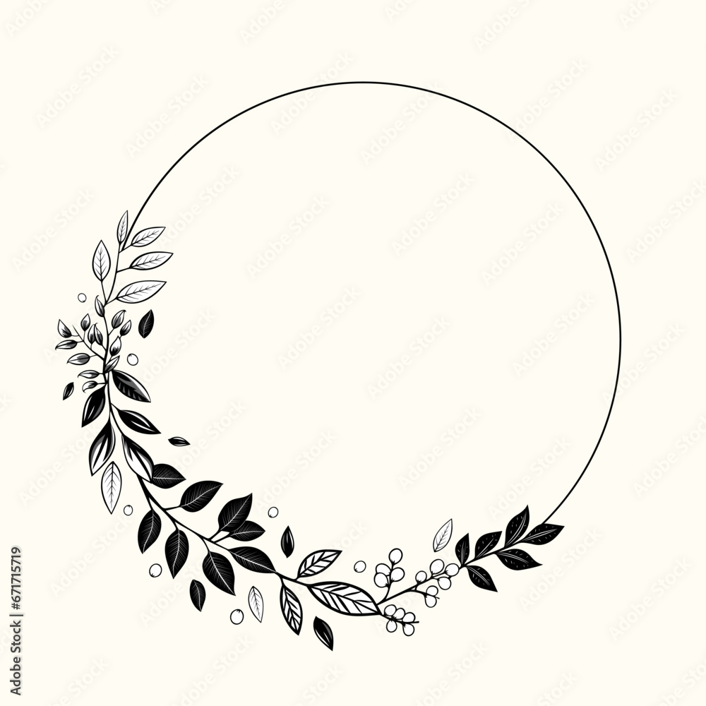 Obraz premium Botanical monochrome frame with leaves and berries for invitations, posters and wedding. Vector floral wreath