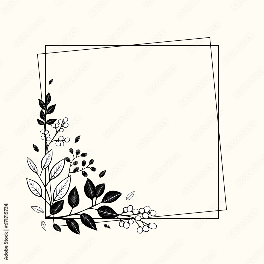 Monochrome botanical frame with leaves and berries for invitations, posters and wedding. Vector floral border wreath Monochrome botanical frame with leaves and berries for invitations, posters and wedding. Vector floral border wreath