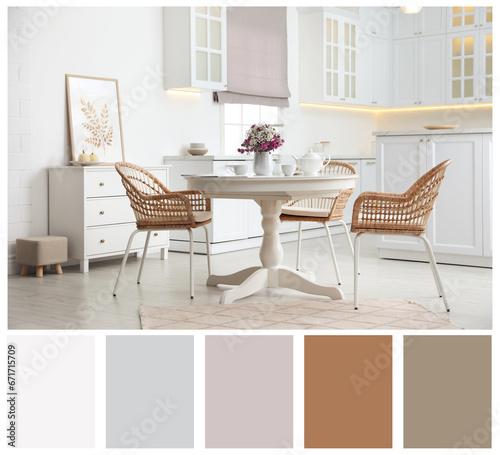 Light and cozy dining room with furniture. Color palette matching to this interior design