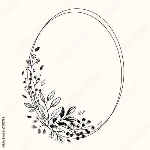 Monochrome botanical frame with leaves and berries for invitations, posters and wedding. Vector floral border wreath
