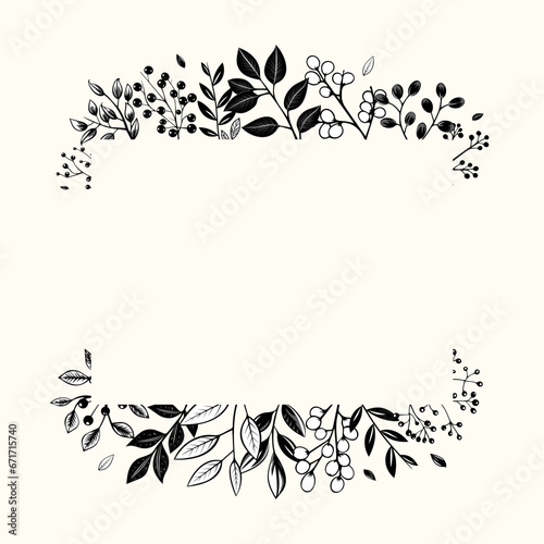 Vector floral border. Botanical monochrome frame with leaves and berries for invitations, posters and wedding.