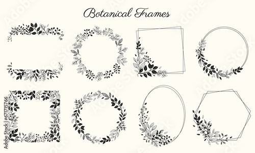 Set of monochrome botanical frames with leaves and berries. Vector floral border wreath for invitations, posters and wedding.