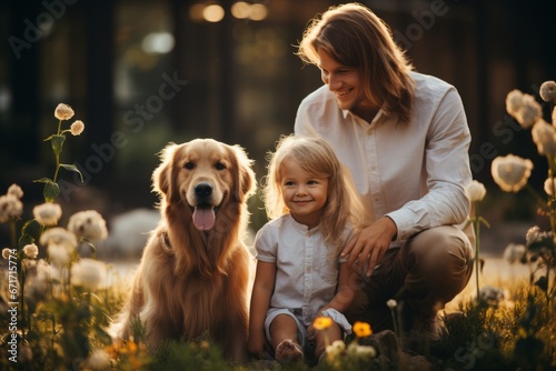 Family Bonding: Father, Daughter, and Dog Enjoying the Park