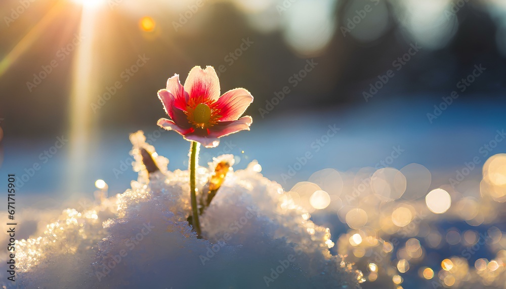 First blooming flower in the snow - obrazy, fototapety, plakaty 