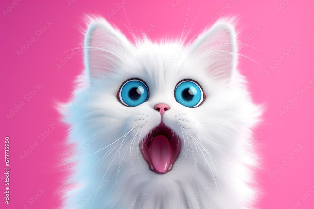surprised white cat with big blue eyes on a solid pink background,the concept of creative advertising with animals
