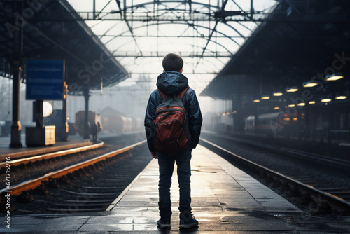 a teenage boy who ran away from home, scared, stands alone on the platform, photo