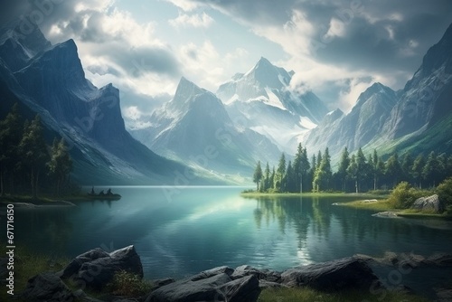 Stunning landscape with serene lake and majestic mountains. Generative AI
