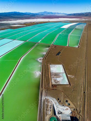 Aerial view of lithium fields / evaporation ponds in the highlands of northern Argentina, South America - a surreal, colorful landscape where batteries are born