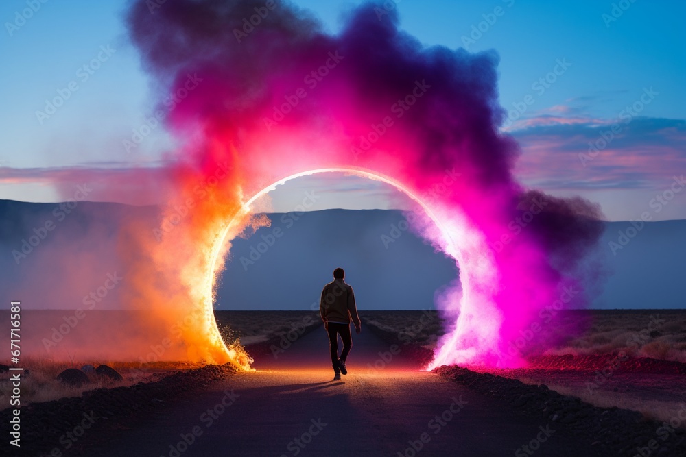 Obraz premium Man walking down road with mountains and rainbow in background