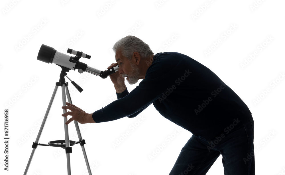 Senior astronomer looking at stars through telescope on white background