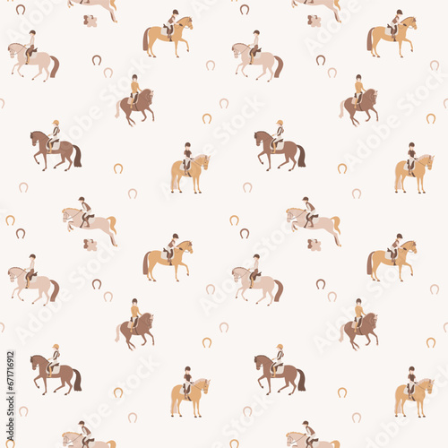 Young riders learn to ride a pony, seamless vector pattern