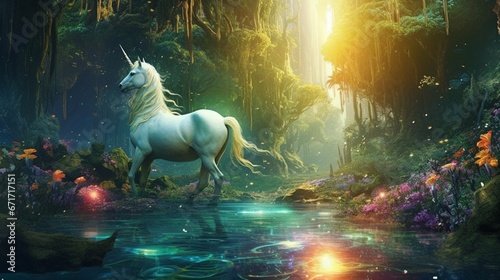 Draw a magical watercolor scene of a unicorn drinking.Generative AI