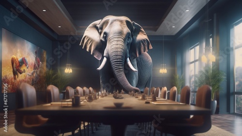 Elephant sitting at a table on executive meeting room.Generative AI photo