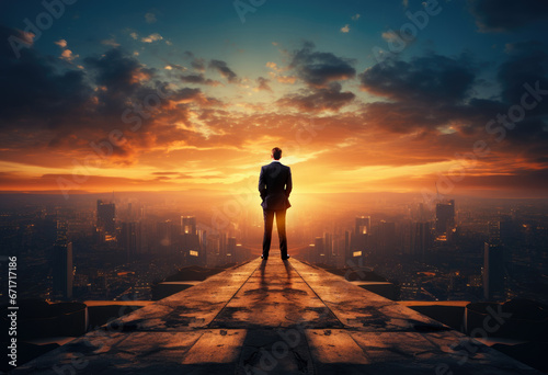 a man stands on the roof of a skyscraper overlooking the metropolis,young businessman looking city sunlight . photo