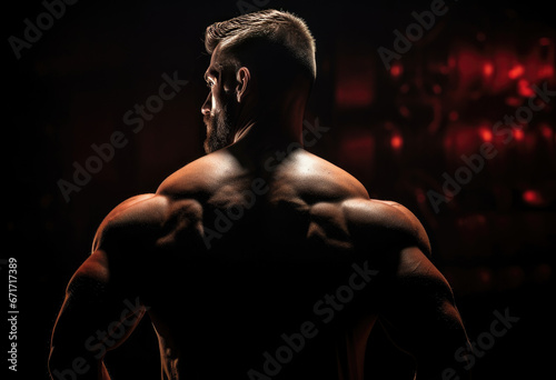 Back view of man with very strong illuminated shadow flexing muscles on dark wall background