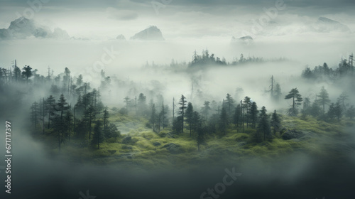 The fog slowly rolls in, enveloping the landscape in a blanket of mist photo