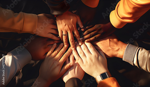 A group of multiethnic people putting their hands on top of each other, Diversity concept.