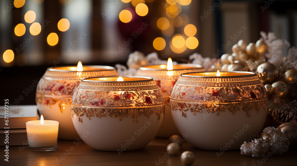 The soft glow of Christmas lights and candles casting a warm ambiance in a room on Christmas morning