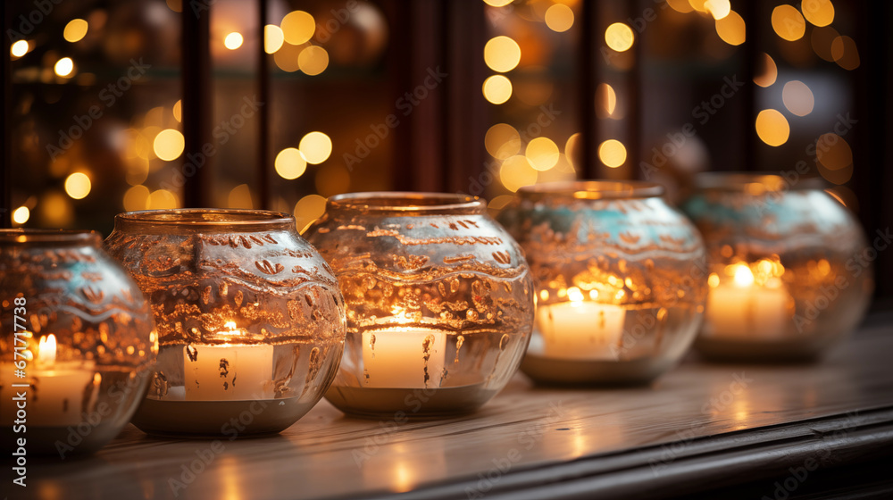 The soft glow of Christmas lights and candles casting a warm ambiance in a room on Christmas morning The soft glow of Christmas lights and candles casting a warm ambiance in a room on Christmas morning