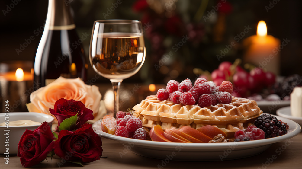 A delightful Christmas brunch spread, featuring waffles, fruits, and sparkling mimosas on a beautifully set table