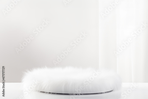 Empty round white fur podium for presentation on white background. Show case for natural cosmetic products. Scene stage for product, promotion sale and presentation. Template