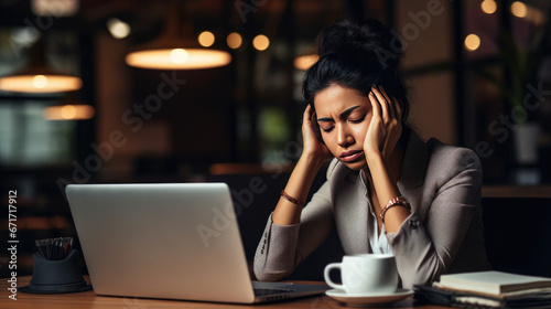 business woman sits at their office desk, stress of the job is evident as they rest their hands on their head.