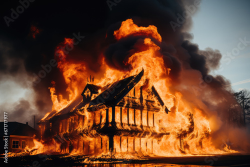 Wooden house or barn burning on fire at night. High quality photo photo