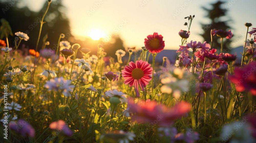 The bright and colourful flowers in a meadow, as the sun sets in the background