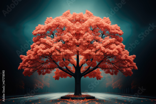 Red tree with bench on a field in on a foggy winter morning at fork in the road. High quality photo photo