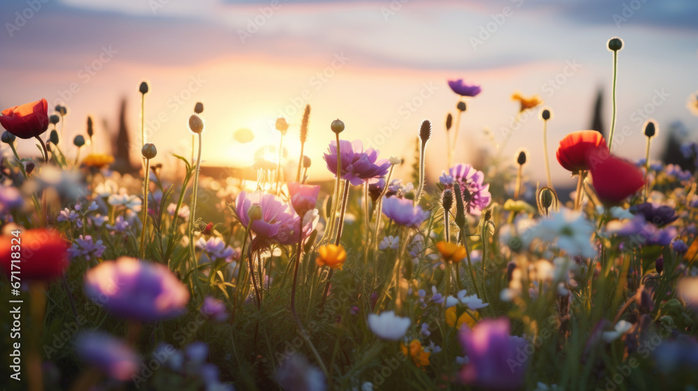 The bright and colourful flowers in a meadow, as the sun sets in the background
