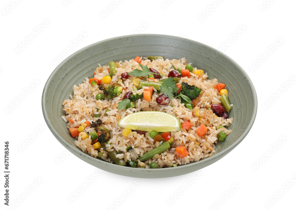 Tasty fried rice with vegetables isolated on white Tasty fried rice with vegetables isolated on white