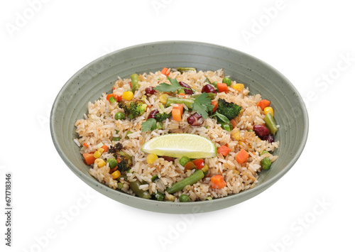 Tasty fried rice with vegetables isolated on white