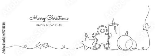 One continuous line drawing of Christmas greeting card. Festive composition for winter holiday concept in simple linear style. Xmas decor in editable stroke. Doodle vector illustration