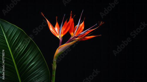 tall, thin-leafed tropical plant with a single bright orange flower photo