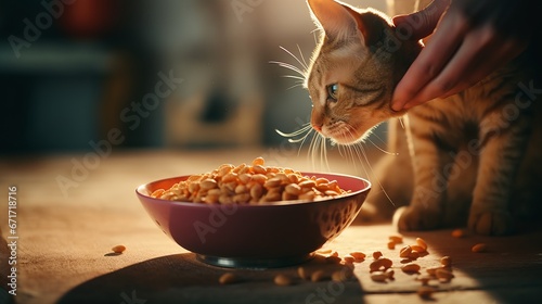 A Bowl of Delicious Treats, a photo realistic image of an orange tabby cat being petted by a hand while it investigates a pink bowl of treats photo