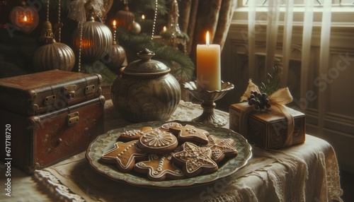 Fotografia dai colori tenui di biscotti allo zenzero britannici, delicatamente posizionati su un piatto di ceramica vintage, accanto a una candela luminosa, in un salotto inglese antico. photo