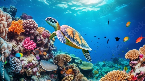 a vibrant, expansive blue coral reef with tropical fish and turtles in the background of an aquatic environment. Amazing diving in the Maldives and Indian Ocean